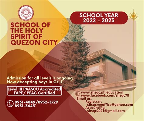 Admission for all levels of the School of the Holy Spirit of Quezon .